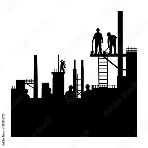 Construction Site Workers Building Silhouette