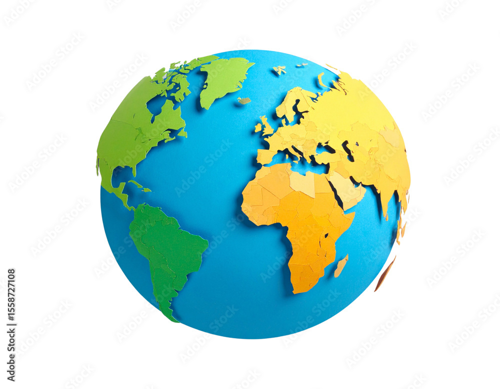 Fototapeta premium Paper Globe Model with Folded Continents on White Background PNG