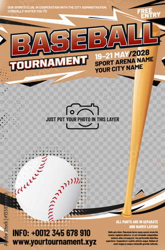 Baseball tournament poster template with ball, bat, grungy and halftone elements