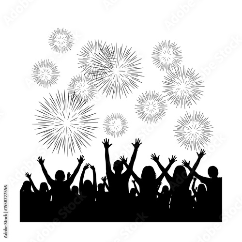 Festive Crowd Celebrating with Fireworks Silhouette