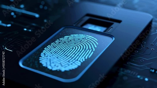 Close-up of a fingerprint scanner on a digital circuit board, showcasing advanced technology and security