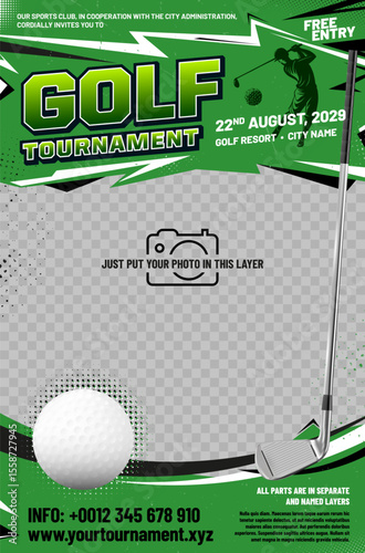 Golf tournament poster template with ball, metal club, grungy and halftone elements