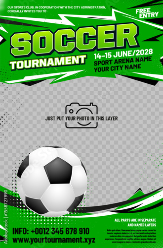 Soccer or football tournament poster template with ball, grungy and halftone elements