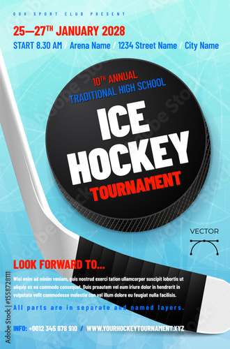 Ice hockey tournament poster template with puck, stick and scratchy blue ice