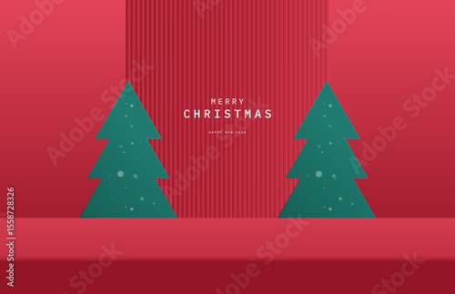 Abstract realistic 3D red pedestal desk table with Green christmas tree, snow and vertical shape backdrop. Minimal wall scene for product presentation. Promotion stage on christmas and happy new year.