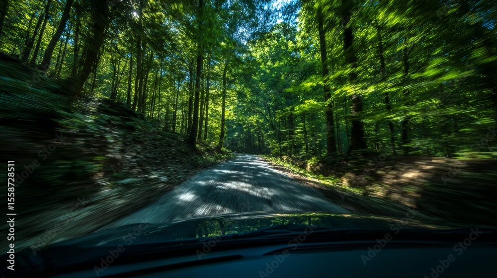 Obraz premium Peaceful road trip on a shaded forest path with natural light.