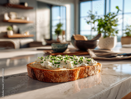 Creamy toast topped with fresh chopped herbs