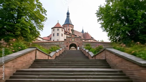 Scenic view of a historic castle surrounded by lush greenery and steps leading up to the entrance