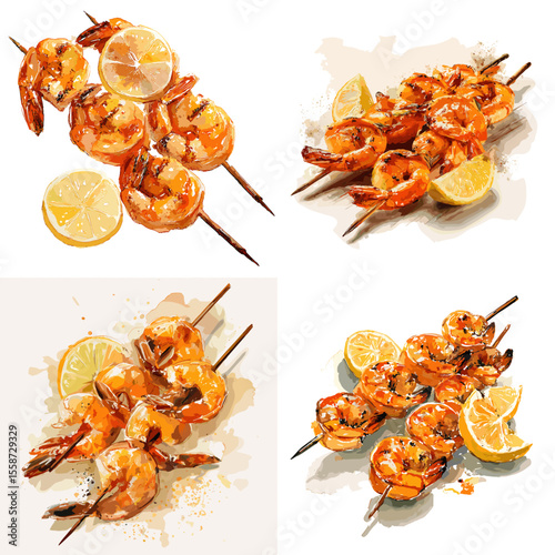 Watercolor grilled shrimp skewers with lemon slices, perfect for food menu illustrations, seafood recipes, BBQ events, and culinary artwork.

