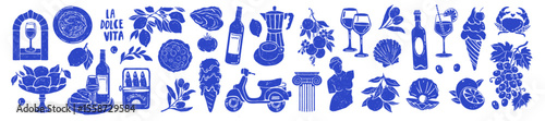 Summer Italy food print, hand drawn travel Mediterranean icon set Italian vintage vacation emblem. Traditional cuisine elements, Amalfi lemon silhouette wine glass bottle. Italy summer coastal sticker