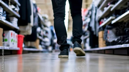 Person walking through a retail store aisle lined with various products and clothing items