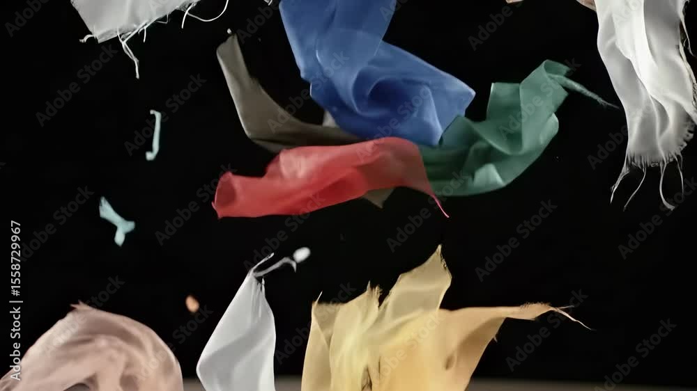 Dynamic colorful sheer fabrics floating gracefully in an abstract motion against a dark background, symbolizing lightness and freedom.