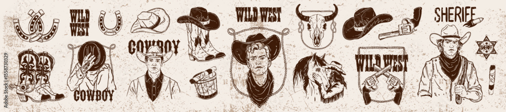 Fototapeta premium Wild West doodle set, vintage cowboy portrait print, hand drawn vector Texas logo, traditional hat. Western t-shirt design, country farm collection, sheriff gun, cowgirl, horse. Retro cowboy doodle