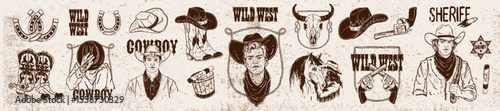 Wild West doodle set, vintage cowboy portrait print, hand drawn vector Texas logo, traditional hat. Western t-shirt design, country farm collection, sheriff gun, cowgirl, horse. Retro cowboy doodle