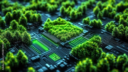 A digital motherboard with vibrant green trees growing on and around its circuits, symbolizing the fusion of technology and nature.