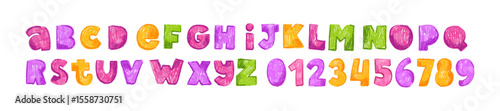 Hand drawn kids alphabet, kindergarten scribble font, colorful chalk texture, funny cartoon letters. Children education typography print, handwriting playful text, naive typeface. Decor kids alphabet