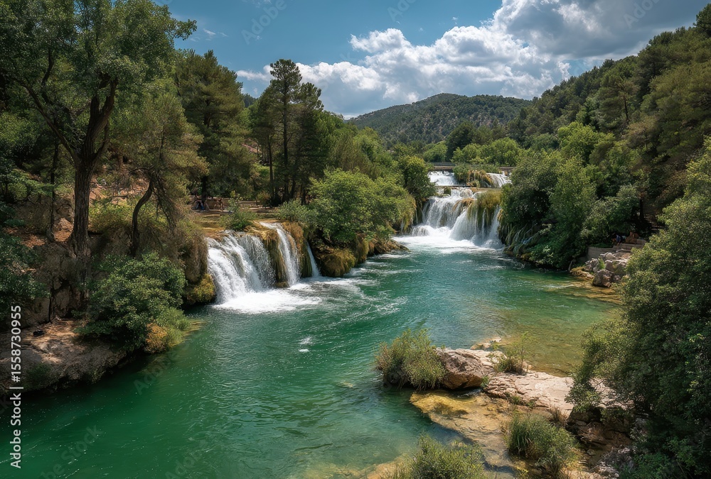 Fototapeta premium Serene Waterfall Cascade Flowing into Turquoise River Surrounded by Lush Green Trees and Mountainous Landscape Under Bright Blue Sky with Fluffy Clouds
