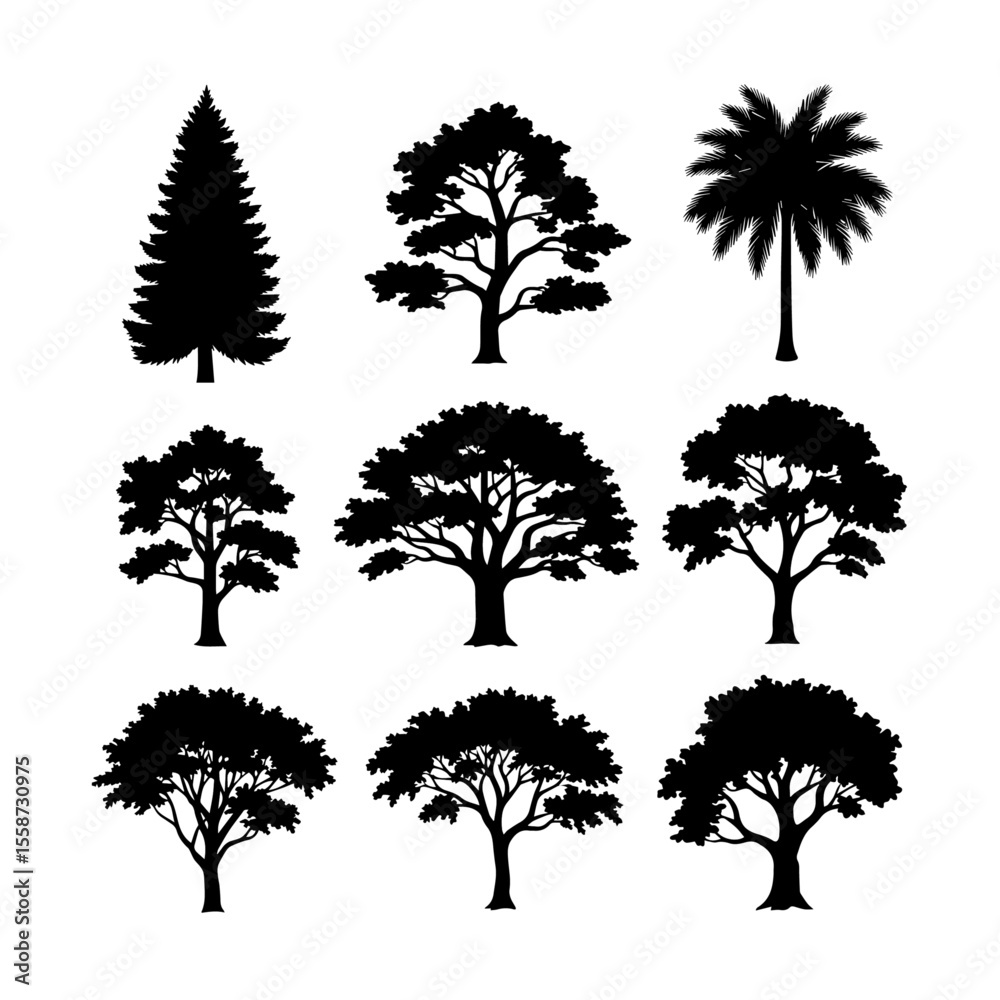 Fototapeta premium Variety of Tree Silhouettes Vector Illustration Set