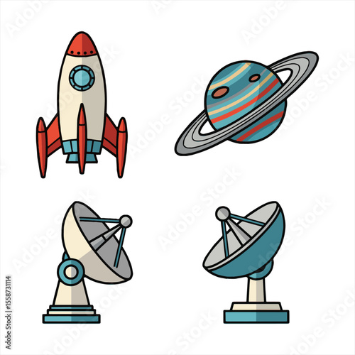 Retro-styled space exploration icons: rocket, planet, satellite dishes.