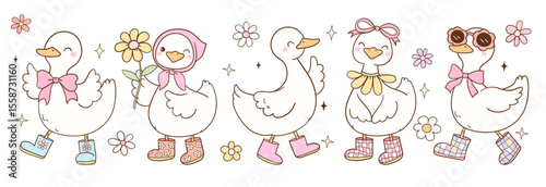 Draw vector banner illustration cute groovy flower goose Pastel spring Trendy animal Doodle cartoon style