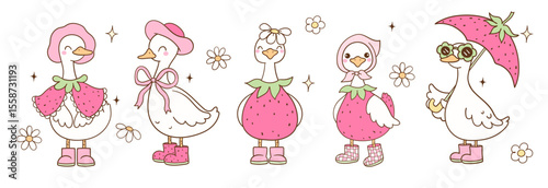 Draw vector banner illustration cute strawberry goose Pink summer Trendy animal Doodle cartoon style