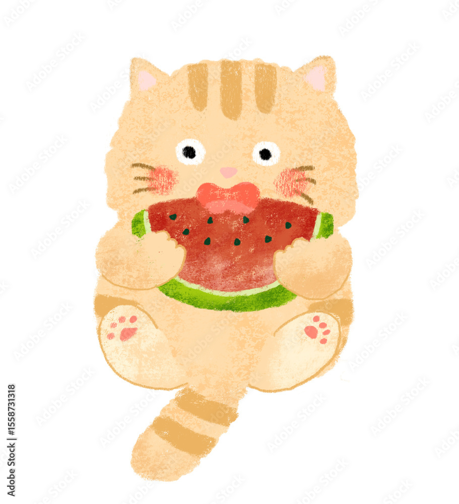 Fototapeta premium スイカを食べるネコのイラスト クレヨンタッチ