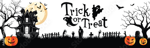 Spooky Halloween Scene with Haunted House and Trick or Treat Text