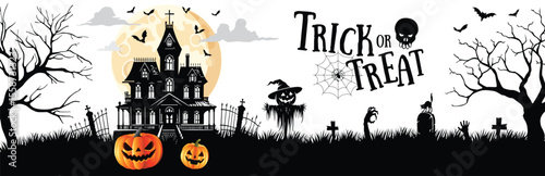 Haunted House Halloween Scene with Trick or Treat Text
