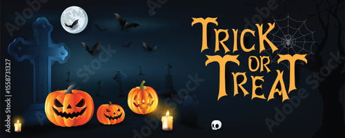 Spooky Halloween Night with Jack-o'-Lanterns and Trick or Treat Text