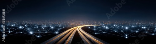Nighttime Cityscape with Illuminated Roads and Network Connections Representing Technology and Connectivity