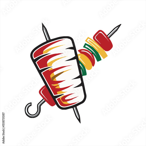 Delicious grilled meat and vegetable skewers, a vibrant food illustration perfect for a restaurant logo or menu.