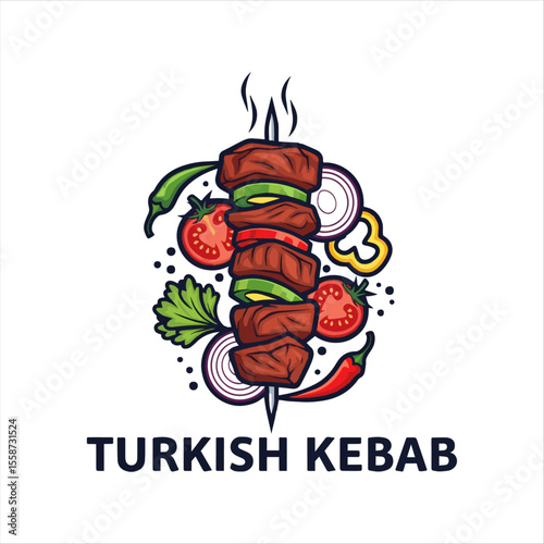 Colorful graphic design of a Turkish kebab, featuring meat, vegetables, and spices, on a white background.