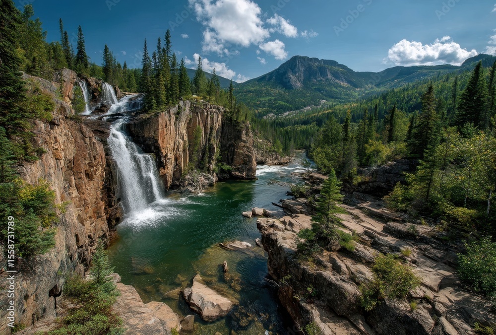 Fototapeta premium Serene Waterfall Cascading into Crystal Clear Pool Surrounded by Lush Green Forest and Majestic Mountains Under Bright Blue Sky with Fluffy Clouds