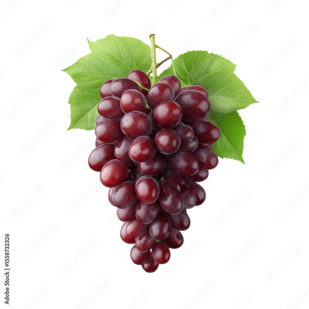 Fototapeta premium Fresh Red Grapes with Green Leaves Isolated on White Background Perfect for Healthy Lifestyle and Nutrition Themes Transparent background or png