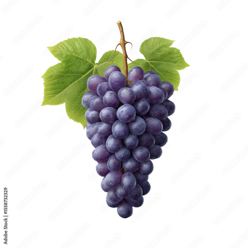 Fototapeta premium Fresh Purple Grapes on White Background with Green Leaves for Healthy Lifestyle and Nutrition Concept Transparent background or png