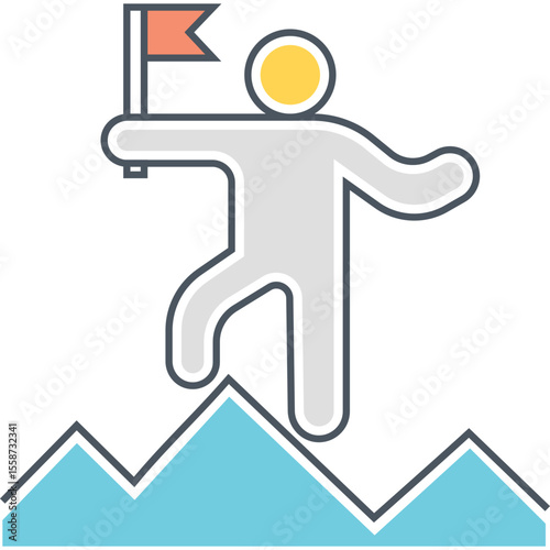 Illustration of person climbing mountain with flag for success and achievement concept