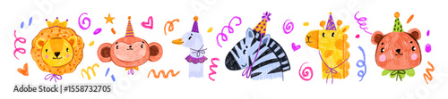Kids cute animal print, hand drawn happy birthday party cartoon colorful pencil postcard elements. Baby lion, monkey face, giraffe in funny hat, holiday confetti scribble. Jungle kids animal poster