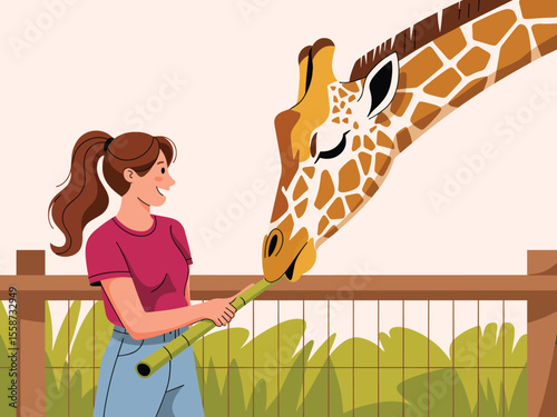 Woman Feeding a Giraffe at the Zoo A Flat Vector Illustration
