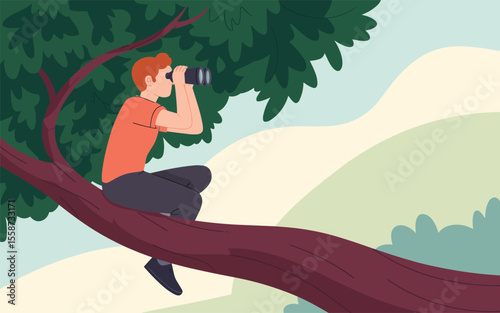 Nature Photography Man with Binoculars in Treetop