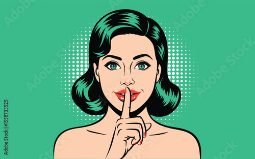 Pop Art Woman with Finger on Lips A Vector Illustration of Silence and Secrecy