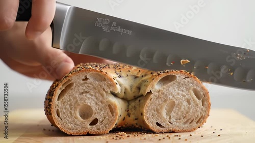 Expert hands using a sharp chef's knife to slice an everything bagel in half on a wooden cutting board, preparing a simple and healthy breakfast.