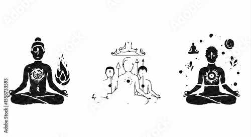 Three illustrations of people in meditation, one with fire, one with a group, and one with cosmic elements.