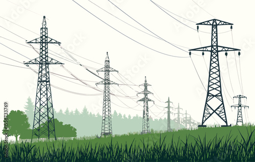 "High Voltage Electric Transmission Tower Vector – Sustainable Energy Infrastructure with Power Lines Extending to Horizon – Isolated Graphic Illustration"

