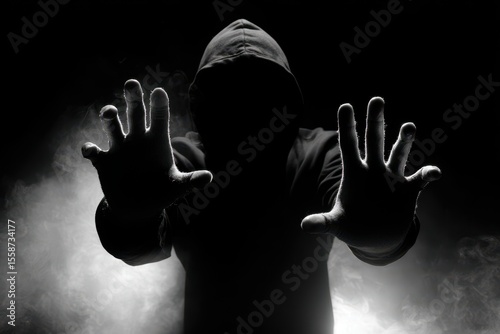 Violence Evil Black. Kidnapping Horror: Scary Criminal Reaching Out from Darkness