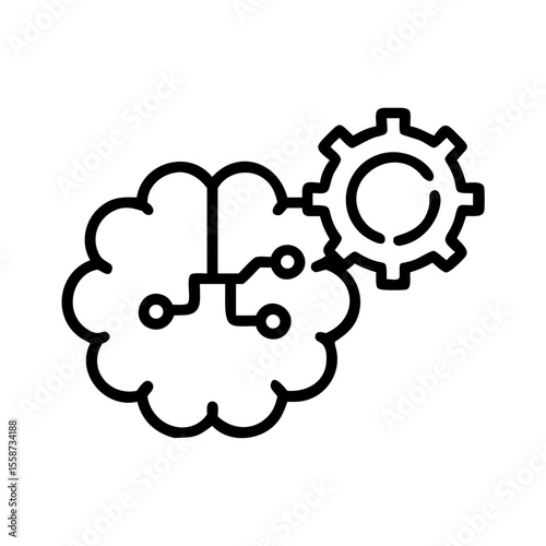 Brain and gear icon, representing artificial intelligence, machine learning or problem solving.