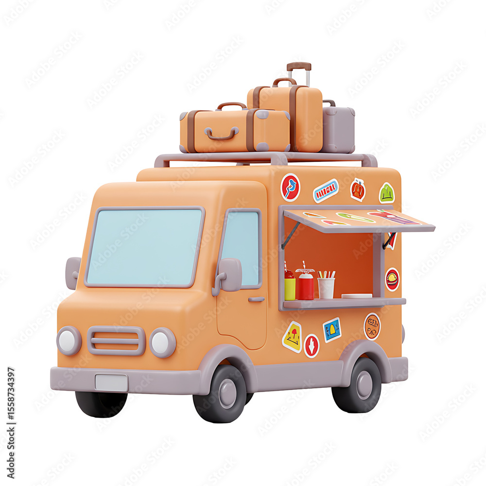 Fototapeta premium Orange Food Truck with Luggage on Top 3D Render