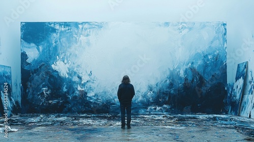 painter stands deep in thought before large blank canvas in dimly lit studio surrounded remnants of past work, anticipation fills air as inspiration awaits