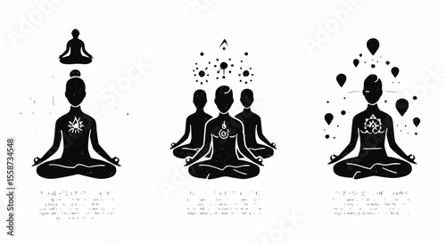 Three monochrome spiritual illustrations of people meditating, with abstract symbols and text below.