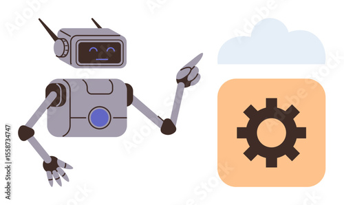 Robot pointing to cloud with gear icon, symbolizing AI, automation, cloud computing, and technology. Ideal for innovation, futuristic systems, robotics, digital transformation software development