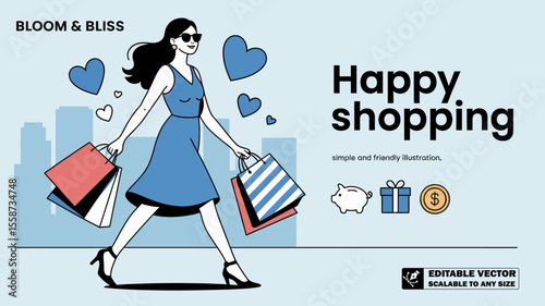 Shop happy fashion sale online shopping woman with bags stylish clothes retail therapy shop your happy